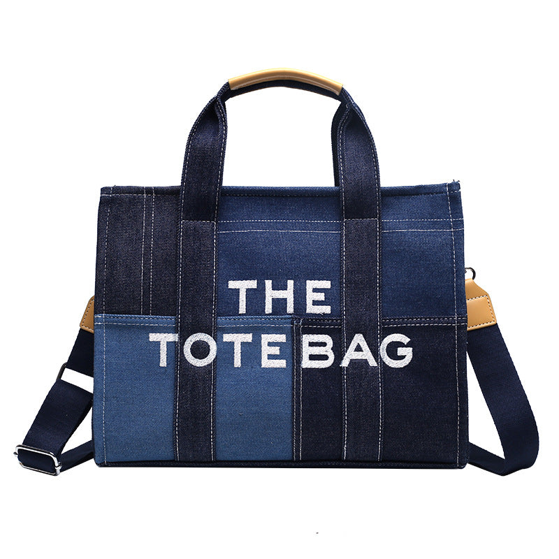 New Women Denim Contrast Color Stitching Hand Tote Bag Females Casual Retro Embroidered Letters Messenger Bag For Ladies