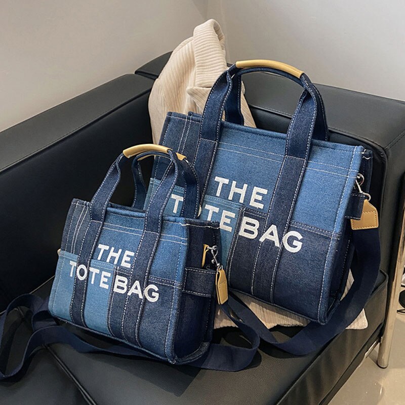 New Women Denim Contrast Color Stitching Hand Tote Bag Females Casual Retro Embroidered Letters Messenger Bag For Ladies