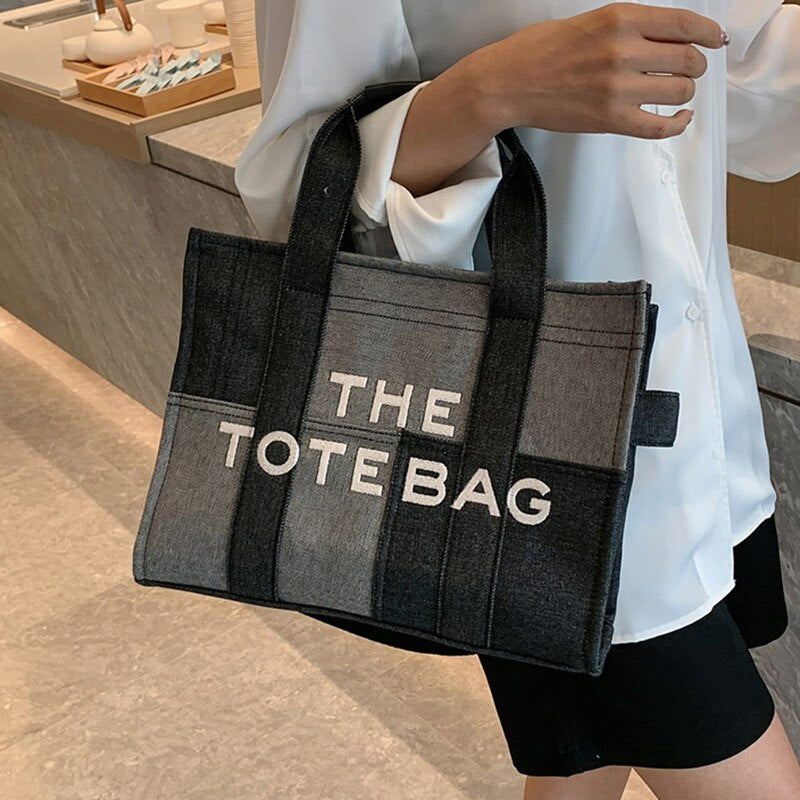 New Women Denim Contrast Color Stitching Hand Tote Bag Females Casual Retro Embroidered Letters Messenger Bag For Ladies